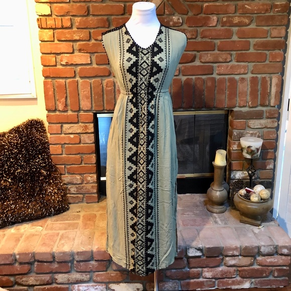 Vintage BoHo HIPPIE CHIC S Moss Green Black Maxi Empire Waist Long Dress - Picture 4 of 12